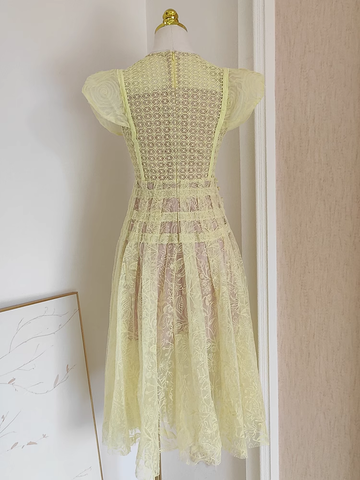 A line Scoop Yellow Short Sleeves Lace Vacation Dress Women Dresses SD153
